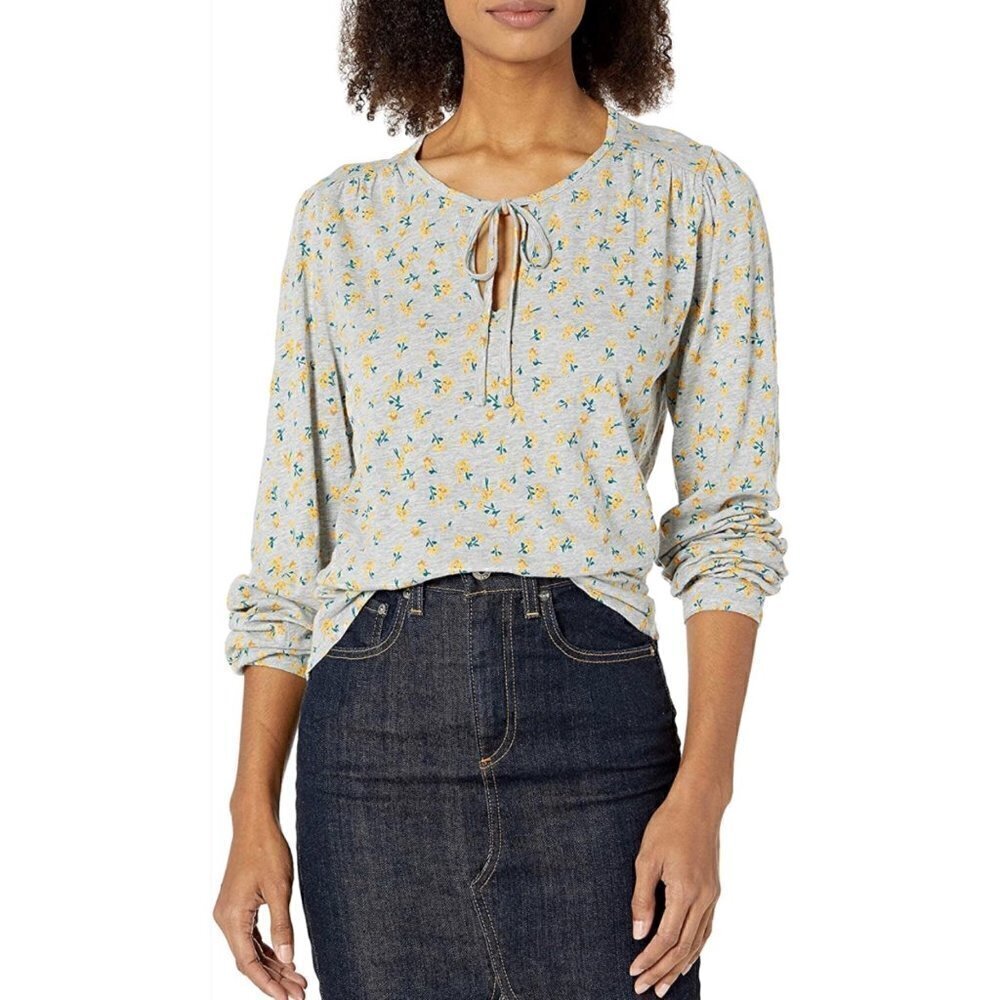 Lucky Brand Gray Peasant Yellow Floral Boho Long‎ Sleeve Blouse M